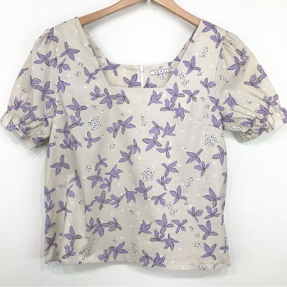 Senlis Anthropologie 100% Cotton Purple Cream Floral Puff Sleeve Blouse - Picture 2 of 15